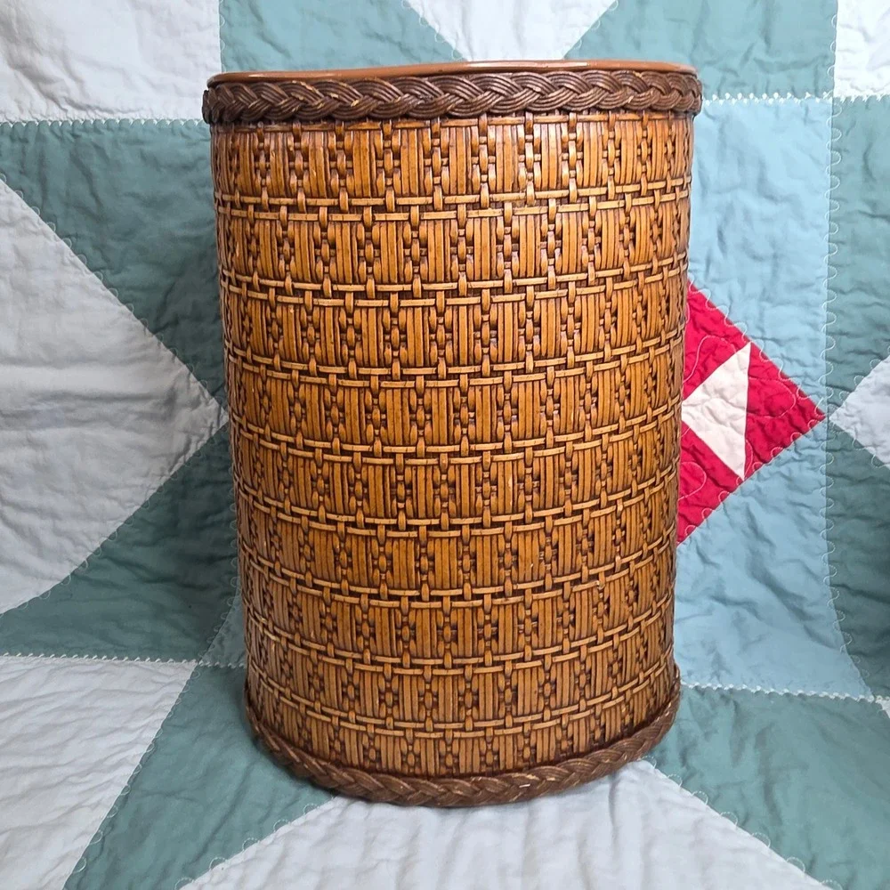 Vintage Faux Woven Wicker Metal Wastebasket Brown Trash Can Mid Century Decor